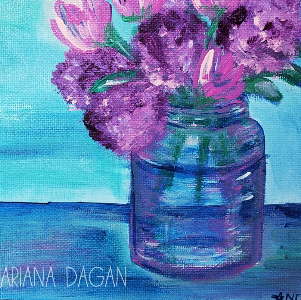 Original OOAK mums and tulips painting 6"x6" on canvas board